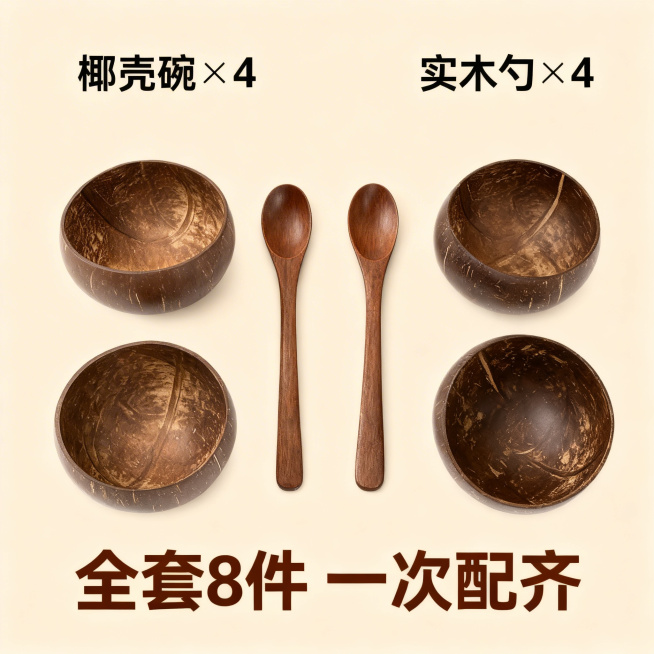 以用户上传的椰壳碗勺套装为主体，生成套装清单主图：4个椰壳碗+4个木勺整齐平铺排列在浅米色背景上，旁边标注对应数量“椰壳碗×4”“实木勺×4”，底部居中悬浮大标题“全套8件 一次配齐”，文字为深棕色无预览效果