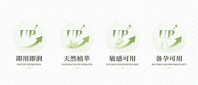 参考图中圆形半透明磨砂质感的UP箭头图标风格，制作四个独立的卖点图标，每个图标为圆形半透明浅绿渐变背景，内部有绿色UP箭头和向上的小箭头装饰，下方分别对应文字：第一个是"即用即润"，第二个是"天然植萃"，第三个是"敏感可用"，第四个是"备孕可用"，每个图标下方配有英文小字，整体风格清新简约，浅绿色调，高级质感，透明背景，四个图标分开排列