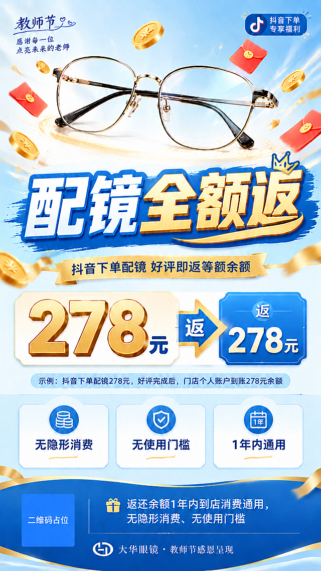 将海报的两行大标题合并为一行大标题"配镜全额返"，删除下方的"好评全额返"第二行标题。将"配镜全额返"字号放大，占据原两行标题的空间，居中显示，字体风格保持蓝白渐变+金色描边的立体字效果，皇冠装饰保留在标题右侧。下方的金色飘带副标题"抖音下单配镜 好评即返等额余额"、278元返现展示区、三个权益图标卡片、底部品牌栏及所有其他元素均保持原样不变，整体版式协调美观。