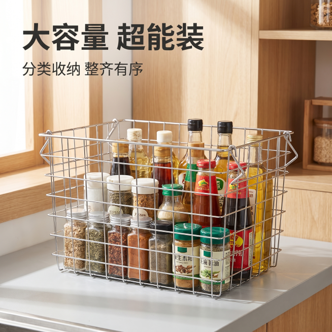 [主图 6] 收纳筐满载容量展示，突出能装特性。[氛围风格] 生活化展示，真实实用。[画质] 商业摄影质感、光线柔和通透、产品清晰真实、画面干净高级。[元素] 大号镀铬金属网格收纳筐放置在厨房台面上，预览效果