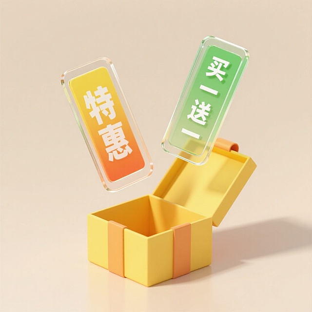 3D轻拟物风格，玻璃质感标签悬浮跃出礼盒，橙绿渐变强化促销感，简洁明亮传递节日优惠氛围。