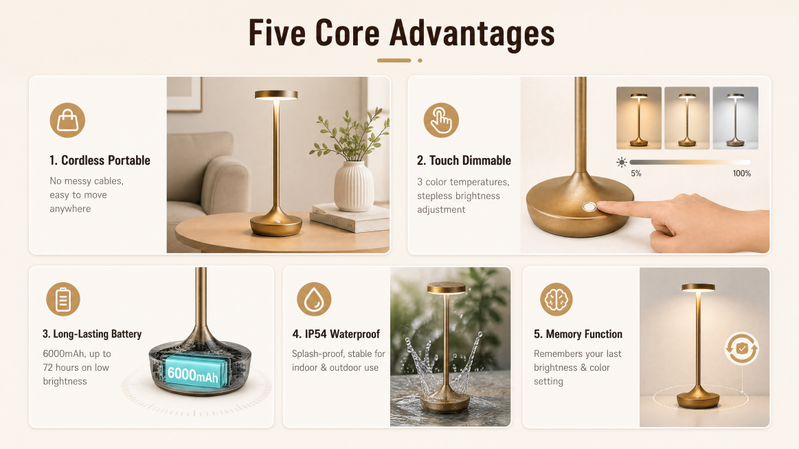 [第2屏] 本屏功能定义：亚马逊高级A+ Web端核心卖点总览，Rechargeable Cordless Table Lamps五大核心优势展示。
[氛围/风格] 简约清晰的信息展示，浅暖米色背景，预览效果
