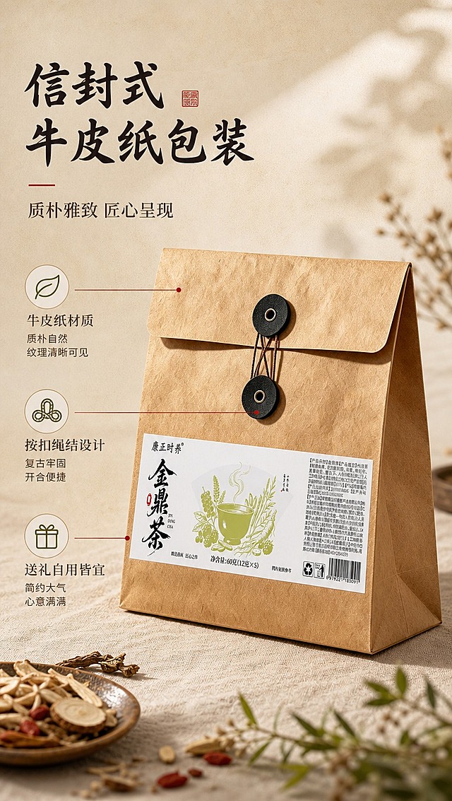 [商品] 使用【图1】康正时养金鼎茶牛皮纸信封式外袋包装；保留牛皮纸纹理、黑色按扣绳结封口结构、白色标签及全部文字内容；商品处理：保留包装结构、比例、颜色和材质，增强牛皮纸肌理质感、绳结细节和标签印刷清晰度，突出信封式包装的独特设计。
[画面] 目标：包装细节专张，展示外袋质感与设计巧思。构图：产品45度侧立特写，产品占画面约55%，重点展示顶部按扣绳结封口结构和牛皮纸纹理细节；左侧或右侧留白放文案；背景为浅米色+柔和侧光投影；前景有少量干草本点缀；整体≥3层视觉层次。
[视觉] 套系策略：风格=东方草本新中式商业摄影；标题字=书法宋体/国风手写体；正文字=现代简洁宋体；主色=牛皮纸暖棕+草木橄榄绿；背景延展=基于浅米杏色做宣纸纹理、同色渐变和温润光影层次；强调色=朱砂红，仅用于小面积印章、图标和引线；标题色=深墨黑；正文色=暖棕灰；组件=细线引线、圆角米白信息卡、印章式标签；光影=侧前暖柔光，突出纸张肌理和绳结立体感。
[文字] 右侧或左侧主标题「信封式牛皮纸包装」，副标题「质朴雅致 匠心呈现」；配3个短卖点：「牛皮纸材质」「按扣绳结设计」「送礼自用皆宜」；用细线引线指向包装对应部位；文字全部横排。
[规格] 图片比例9:16竖版，4K分辨率，负向提示：避免内袋露出、功效词、文字竖排、错字、文字过小、冷蓝背景、包装变形、标签文字错乱。