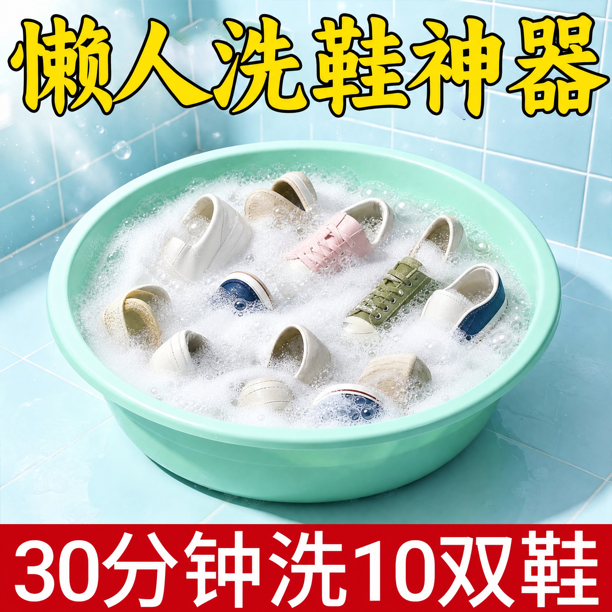 重新生成这张洗鞋泡腾片电商主图，保持文案内容、排版位置、背景瓷… - 图片创意预览