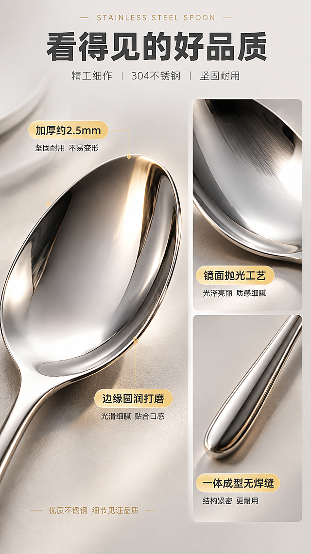 [商品] 使用【图1】银色不锈钢长柄西餐勺；保留产品材质与结构，放大展示勺头边缘打磨、勺身厚度截面、表面镜面抛光纹理、勺柄防滑细节等微距细节。
[画面] 目标：材质工艺微距页，突出高品质不锈钢材质与精细做工。构图：左侧大区域放主微距特写（勺头边缘+厚度），右侧上下两个小特写（表面纹理、柄尾细节），形成大小对比布局。景别：微距特写，放大材质纹理与工艺细节。阅读动线：从左到右。前中后景：每格为产品局部特写，浅底衬托突出金属质感。
[视觉] 套系策略：风格=现代简约餐厨风高级商业摄影；标题字=思源黑体粗体；正文字=思源黑体常规；主色=银灰+米白；背景延展=浅灰渐变底，突出金属反光与质感；强调色=暖金色，仅用于数据浮窗和引线；标题色=深炭灰；正文色=中暖灰；组件=细线引线、数据浮窗、圆角小标签；光影=侧光打出金属纹理与高光带，增强立体感。
[文字] 顶部主标题"看得见的好品质"，主图旁用引线标注：「加厚约2.5mm」「边缘圆润打磨」，右侧小图各配短说明：「镜面抛光工艺」「一体成型无焊缝」；文字横向排版，数据用保守表达（约/左右）。
[规格] 图片比例9:16竖版，4K，避免变形、错字、文字过小、虚构精确参数、冷蓝背景。