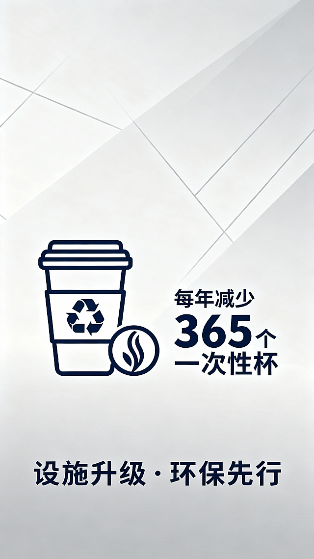 不要卡通，元素：咖啡杯+可重复使用标志+数据标签，文案体现‘设施服务升级’感，类似高端写字楼的环保倡议