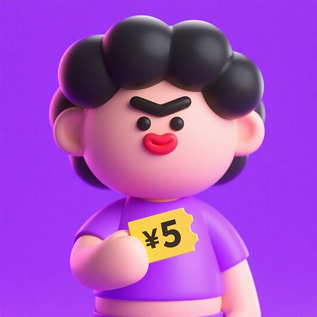 一个人手里拿着一张“￥5”黄色优惠券，浓郁紫色背景，蓬松的黑头发、超粗眉毛、黑色豆豆眼、超厚红嘴唇、表情呆萌的半身卡通人物，紫色上衣