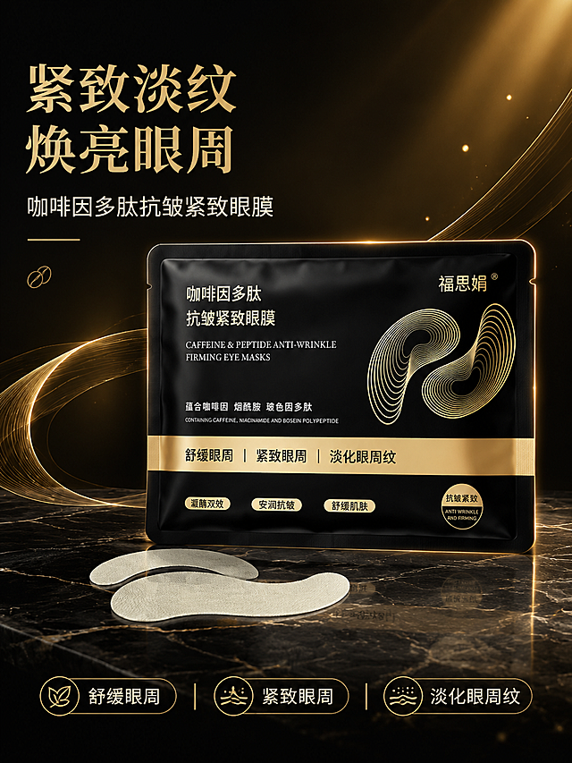 [第1张] 详情页头图主视觉——福思娟咖啡因多肽抗皱紧致眼膜产品全貌海报。本张使用【图1】作为商品包装主体。
[氛围/风格] 黑金高级轻奢风，商业摄影质感，精致光影，突出眼周护理的高端感与紧致氛围。
[元素布局] 产品包装袋位于画面中央偏右，占比约55%，正面展示，包装文字与金色线条图案保持与原图一致；左侧留出标题区；底部为深色大理石质感台面；背景为深黑到暗金的渐变，点缀金色流线型线条与微光粒子，营造奢华氛围；画面下方可隐约出现一对白色眼膜布剪影呼应产品形态。
[光影质感] 右上方柔光主光源，产品边缘有金色轮廓光，底部自然投影，整体明暗层次丰富，包装金色部分有细腻高光。
[配色色系] 全局底色 #1A1614 深黑棕；主色金色 #C9A96E；辅助色米白 #F5F0E8。
[视角构图] 正面微仰视，产品为视觉中心，阅读动线左上标题 → 中部产品 → 底部利益icon。
[文字版式] 左上主标题「紧致淡纹 焕亮眼周」，副标题「咖啡因多肽抗皱紧致眼膜」，衬线字体，金色主标题+米白副标题；底部3个胶囊形利益icon：「舒缓眼周」「紧致眼周」「淡化眼周纹」，金色描边米白字；文字不遮挡产品主体。
[比例分辨率] 3:4 竖版比例，4K 分辨率，文字清晰可辨，高清画质。
[负向提示词] 包装变形，文字错乱，颜色偏差，水印，产品模糊，背景杂乱，出现祛眼袋文字，极限词，医疗化表述。