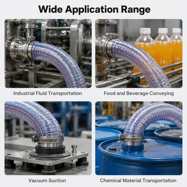 [Main Image 5] Multi-scenario application display of PVC Steel Wire Hose. This image uses a 2x2 grid预览效果