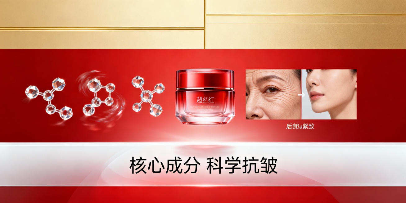 高端美妆详情页Banner，红金渐变背景，左侧展示3种核心成分分子结构动态悬浮（透明水晶质感），右侧呈现皮肤抗皱前后对比图（左侧皱纹明显，右侧平滑紧致），中央放置超红瓶面霜产品悬浮，顶部金色线条分割，预览效果
