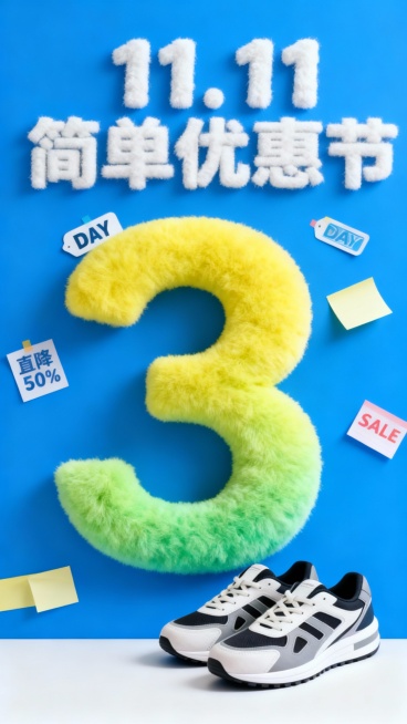 主视觉为一个黄绿渐变毛绒材质的“3” ，“DAY”标签位于数字“1”上，商品位于画面右下角，背景是蓝色结合便签纸元素，画面上方为毛绒白色主标题“11.11 简单优惠节”，“直降50%”“SALE”便利预览效果