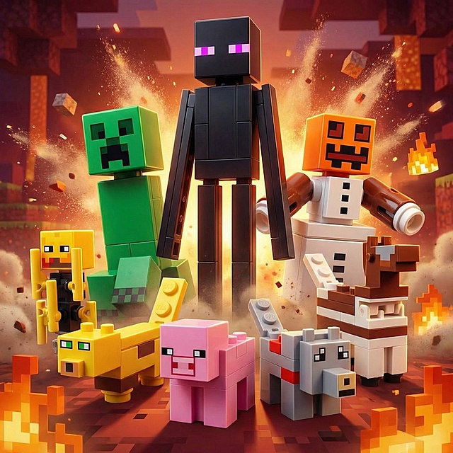 把8个我的世界主题乐高公仔形象变得更加生动立体，调整为错落大小布局，整体添加热血氛围感，保留所有公仔形象，保持像素乐高风格