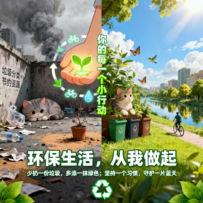 整体布局：采用横向三分式构图，左右两部分形成强烈对比，中间部分作为过渡与核心行动指引，整体比例 16:9，适配海报张贴、公众号头图等场景。
左侧（破坏场景）：
背景：灰暗色调的城市角落，地面散落塑料瓶预览效果