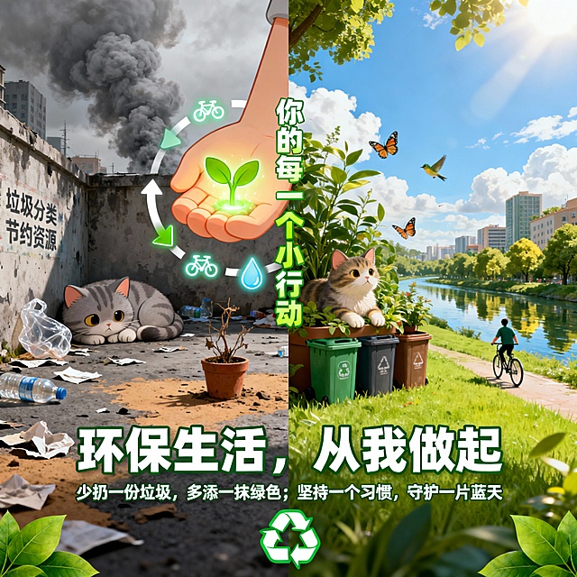 整体布局：采用横向三分式构图，左右两部分形成强烈对比，中间部分作为过渡与核心行动指引，整体比例 16:9，适配海报张贴、公众号头图等场景。
左侧（破坏场景）：
背景：灰暗色调的城市角落，地面散落塑料瓶、废纸，天空被灰色烟雾笼罩，建筑墙面斑驳，露出 “垃圾分类”“节约资源” 的模糊标语（暗示曾有的环保呼吁被忽视）。
元素：一只蜷缩的卡通小猫（眼神无助），旁边躺着被丢弃的枯萎小盆栽，角落点缀破碎的塑料袋（半透明质感，增加层次感）。
色调：以深灰、土黄为主，饱和度低，营造压抑氛围。
中间（行动场景）：
背景：渐变过渡色（从左至右由灰转绿），中间是一只伸出的手（卡通风格，肤色温暖），手中捧着一颗发光的绿色种子。
元素：种子周围环绕着微小的行动图标 —— 循环箭头、水滴、绿叶、自行车，图标采用发光效果，象征行动带来的能量。
文案：竖排文字 “你的每一个小行动”，字体为圆润无衬线体，颜色从灰绿渐变至鲜绿，与背景过渡呼应。
右侧（希望场景）：
背景：明亮清新的绿色家园，蓝天点缀白云，地面铺满青草，远处有错落的绿植建筑，河流清澈倒映树木，阳光透过树叶形成斑驳光影。
元素：之前蜷缩的小猫舒展身体，趴在茂盛的盆栽旁，周围有蝴蝶、小鸟飞舞，地面上分类垃圾桶整齐排列，有人骑着自行车路过（背影轻快）。
色调：以鲜绿、天蓝、暖黄为主，饱和度适中，明亮但不刺眼，营造充满生机的氛围。
底部通栏文案：
主文案：“环保生活，从我做起”（加粗放大，字体为粗体无衬线，颜色为深绿，突出主题）。
副文案：“少扔一份垃圾，多添一抹绿色；坚持一个习惯，守护一片蓝天”（字体稍小，颜色为浅绿，与主文案形成层次）。
点缀元素：文案两侧添加细小的绿叶装饰，底部中间放置循环标志（绿色轮廓，内部填充白色）。