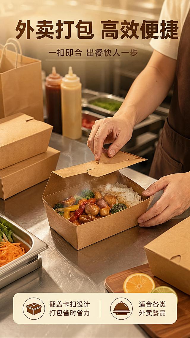 [第5屏] 人物使用-餐饮从业者打包外卖真实场景。本屏使用【图1】作为商品主体，餐盒内放入美食，人物手部操作。
[氛围/风格] 温馨餐饮后厨场景，真实自然，商业摄影质感，有生活气息。
[元素布局] 画面中央偏下，一双厨师/店员的手正在将美食盛入牛皮纸餐盒并盖合；餐盒内是热气腾腾的饭菜，有蒸汽升腾；背景为模糊的后厨操作台，有调料瓶、配菜盘、打包袋等元素，景深虚化突出主体；去掉桌布墙面，换成干净的不锈钢操作台；餐盒外观结构与输入图一致。
[光影质感] 暖黄色操作台灯光，手部与餐盒受光均匀，食物有诱人高光，氛围温暖。
[配色色系] 全局底色暖黄调 #FFF3E0；主色牛皮纸棕 #C49A6C；辅助色不锈钢银灰、食物暖色调。
[视角构图] 45°俯视人物手部操作，中景景别，阅读动线从上到下。
[文字版式] 顶部主标题「外卖打包 高效便捷」，副标题「一扣即合 出餐快人一步」；底部信息条「翻盖卡扣设计 打包省时省力」「适合各类外卖餐品」；文字不遮挡手部操作主体。
[比例分辨率] 9:16 竖版比例，4K 分辨率，文字清晰可辨，高清画质。
[负向提示词] 人物面部出现，手部变形，餐盒结构错误，后厨脏乱，桌布，墙面格子，水印，文字过小。
