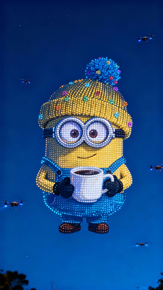 无人机灯光秀，中心区域浮现由无数渐变光点组成的图示人物，形象还原，光点简洁，深夜蓝色天空背景。周围有无人机点缀。