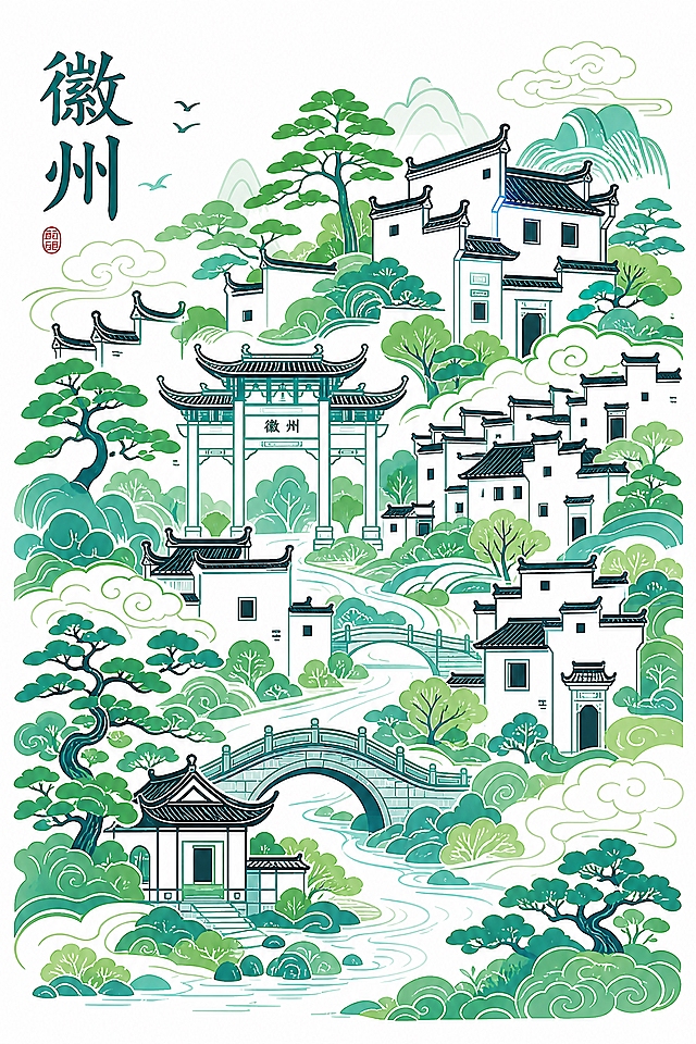 参考图中的扁平线条插画风格，青绿色调，画面主体为徽州建筑（马头墙、徽派民居、牌坊、石桥、流水、松树、祥云等元素），错落有致的徽派古村落景观，左上角有"徽州"两个大字，整体构图饱满，线条流畅，画面干净整洁，白色背景，中国风扁平插画风格，超高清画质，8k分辨率