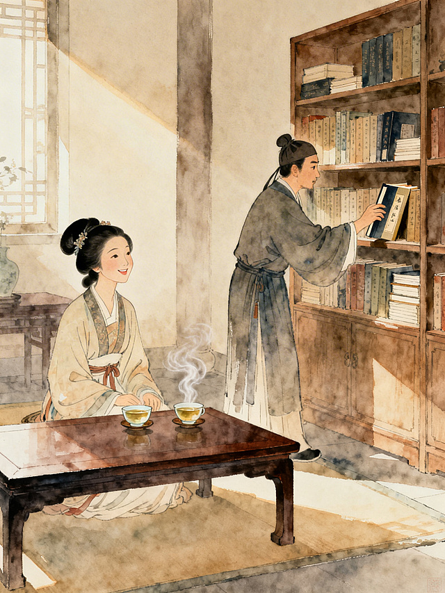新国风工笔水彩风格，李清照与赵明诚在雅致书房中。李清照端坐茶案旁，微笑注视前方。赵明诚站立于一侧的书架前，身体微向前倾，正从架上抽出一本书，表情专注认真。茶案上仅置两盏清茶，氤氲着热气。画面突出“赌”的智慧趣味与“找”的动态瞬间，氛围温馨愉悦，充满智力互动的张力。色调雅致柔和，以暖色调为主，光线温馨，人物位于画面左侧，右侧有自然留白，画面无任何文字元素