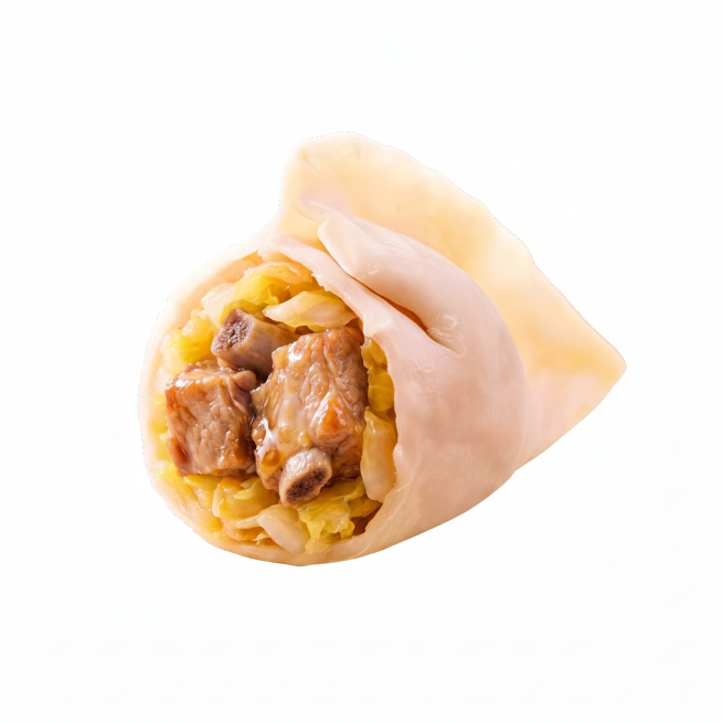 将馄饨内的肉馅换成大块排骨馅儿，保持馄饨外皮和整体构图不变，保留背景纯白，真实美食摄影风格预览效果