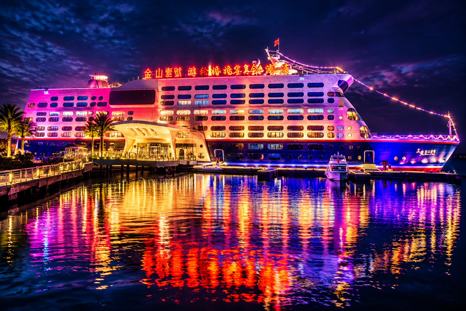 将三张金山壹号游轮婚礼宴会酒店的照片融合为一张震撼的夜景大片，… - 图片创意预览