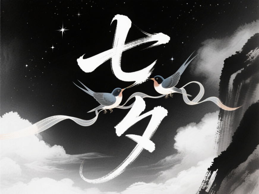 竖向文字"七夕"，毛笔字，文字穿插点缀两只喜鹊（喜鹊嘴里叼着丝带/绸带），高级感，水墨画，背景有云层和星海预览效果