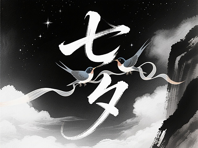 梦幻中式插画风，水墨大字“七夕”，双燕衔丝，星辉闪烁，浪漫节日氛围。