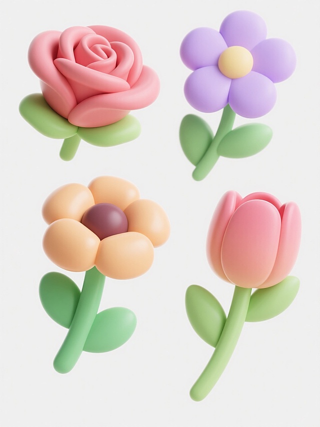 软3D风花朵设计，清新可爱，简约主义风格，色彩柔和，适合春季主题。