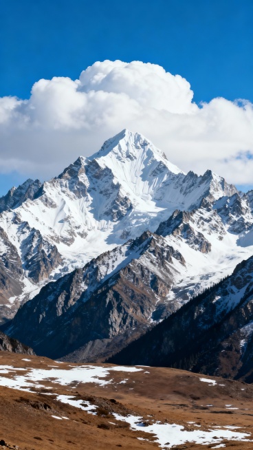 超写实风景摄影，巍峨的雪山群峰在蓝白渐变的天空下耸立，山顶覆盖着厚实的积雪，山脊线棱角分明，山体岩石纹理清晰可见，山脚是棕褐色的荒原，零星点缀着残雪，天空中漂浮着形态饱满的白色云朵，光线明亮柔和，呈现出宁静壮阔、纯净高远的自然氛围，画面层次分明，色彩真实自然，细节丰富，具有强烈的空间纵深感。预览效果