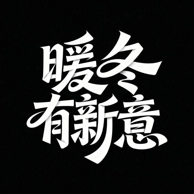 黑底白字，中文字体"暖冬有新意"。大胆艺术的中文字体设计，扭曲且重叠的字符，动态不规则的字形流动，创意的笔画扭曲和融合，现代抽象风格，粗细线条交替，既具可读性又富有艺术感，简洁的黑色背景，字体呈现动感预览效果
