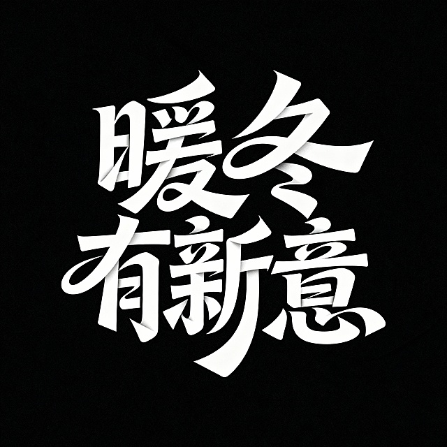 黑底白字，中文字体"暖冬有新意"。大胆艺术的中文字体设计，扭曲且重叠的字符，动态不规则的字形流动，创意的笔画扭曲和融合，现代抽象风格，粗细线条交替，既具可读性又富有艺术感，简洁的黑色背景，字体呈现动感和能量。