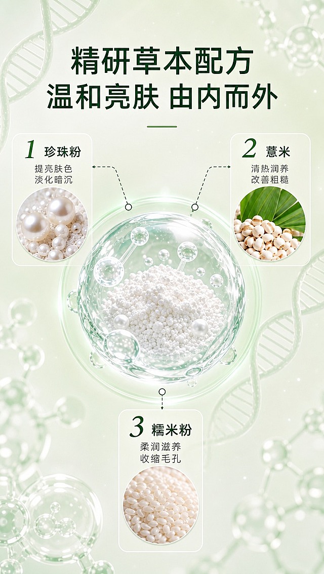 [商品] 本页为成分功效页，参考【图2】成分版式结构；中心为透明玻璃器皿盛放白色粉末，周围环绕三大成分介绍；不直接使用产品包装图，重点呈现原料与成分机理。
[画面] 目标：三大草本成分解析，可视化成分功效机理。构图：顶部大标题，中心圆形玻璃器皿+白色粉末主视觉（占画面约40%），三个成分卡片以三角分布环绕中心，用虚线引线连接。前中后景：前景文字与成分卡片，中景中心玻璃器皿粉末+气泡分子，后景浅薄荷绿渐变背景搭配淡绿色DNA双螺旋分子结构装饰。阅读动线：标题→中心成分核心→环绕三大原料。
[视觉] 套系策略：风格=简约护肤风，干净通透有呼吸感；标题字=干净非衬线粗体；正文字=简洁非衬线体；主色=浅薄荷绿；背景延展=浅薄荷绿到奶白的柔和径向渐变，同色系深浅层级，细腻柔光质感；强调色=深墨绿，仅用于小面积图标、引线、分隔线和标签；标题色=深墨绿；正文色=浅灰绿；组件=圆角成分卡片、虚线引线、圆形原料图、分子结构装饰；光影=柔和顶光，玻璃器皿有通透高光，粉末有细腻质感。
[文字] 顶部主标题「精研草本配方」，副标题「温和亮肤 由内而外」；三大成分：1号左上「珍珠粉」+「提亮肤色 淡化暗沉」配圆形珍珠特写图；2号右上「薏米」+「清热润养 改善粗糙」配圆形薏米颗粒特写图；3号下方居中「糯米粉」+「柔润滋养 收缩毛孔」配圆形糯米特写图；编号数字为深墨绿大号字体，成分名深墨绿，功效说明浅灰绿；全部文字横排。
[规格] 图片比例9:16竖版，4K分辨率，负向提示：避免变形、错字、文字过小、冷蓝/蓝灰背景、成分图标过小、医疗功效承诺、竖排文字。