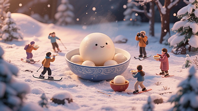 微观世界，冬至画面，画面中飘着一层薄博的雪，暖色调画面，一个巨型汤圆，有人在滑雪，有人在拍照，有人在吃汤圆，c4d建模画面