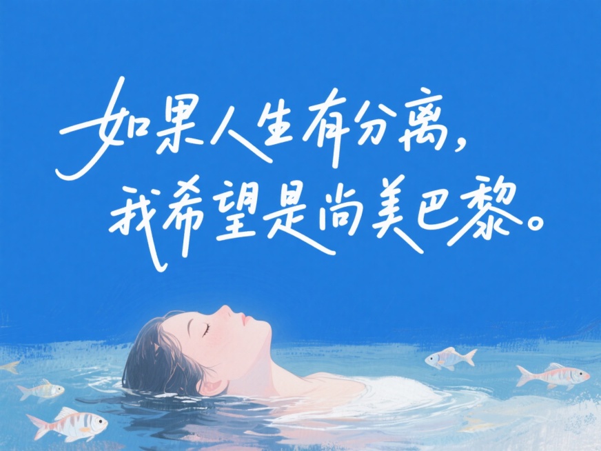 白色文案：“如果人生有分离，我希望是尚美巴黎”。画面底部：（油画淡彩风格，粗糙笔触绘画：一位闭着眼的女孩沉在水里（头部特写），鱼在周边游动。背景是大面积犹豫的蓝色）预览效果