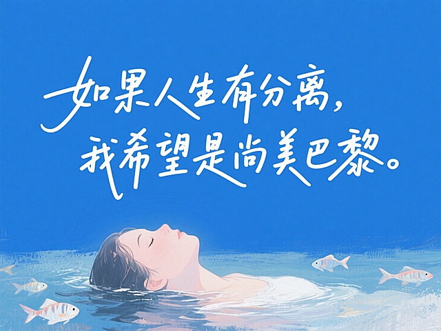 白色文案：“如果人生有分离，我希望是尚美巴黎”。画面底部：（油画淡彩风格，粗糙笔触绘画：一位闭着眼的女孩沉在水里（头部特写），鱼在周边游动。背景是大面积犹豫的蓝色）