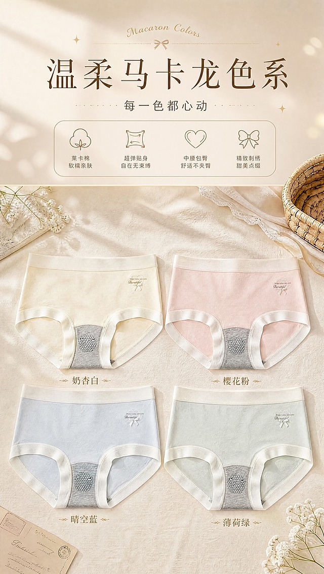 [商品] 使用【图1】【图2】【图3】多色超弹莱卡棉内裤；商品处理：保留各颜色（奶杏色、浅粉色、浅蓝色、奶白色/浅绿）、中腰三角版型、宽边腰头、爱心刺绣英文+小蝴蝶结、灰色底裆；自然去皱，增强各颜色面料质感，确保每色清晰可辨，不改变版型和颜色。
[画面] 页面目标：多色系列全家福展示，马卡龙温柔配色一览。构图：2×2矩阵排列，4条不同颜色内裤平铺展示，上方留标题区；产品占画面约60%。景别：中景俯拍。前中后景：前景4色内裤平铺于浅米色肌理布面、中景藤编篮与布料道具点缀、后景白色门板虚化。阅读动线：从上至下，先看标题再看4色矩阵。
[视觉] 套系策略：风格=高级温柔商业摄影风，浅米色系品牌感；标题字=纤细优雅宋体衬线体，字重中等偏细；正文字=简洁无衬线圆体；主色=浅米色（奶杏米白）；背景延展=基于浅米色做深浅层级渐变、细腻棉麻织物/哑光纸张质感；强调色=香槟金色，仅用于小面积装饰线、图标点缀、标题英文角标；标题色=深棕褐色；正文色=暖灰褐色；组件=细金线圆角信息卡、极细引线、柔焦光斑；光影=左前侧暖柔自然光，柔和漫射阴影，整体低对比度暖调。
[文字] 画面上方主标题「温柔马卡龙色系」，副标题「每一色都心动」，4色内裤下方分别标注色名：奶杏白、樱花粉、晴空蓝、薄荷绿；文字全部横排，色名用小号金色字标注。
[规格] 图片比例9:16竖版，4K分辨率，负向提示：避免变形、错字、文字过小、冷蓝背景、颜色失真、低俗擦边、白底孤立、水印。