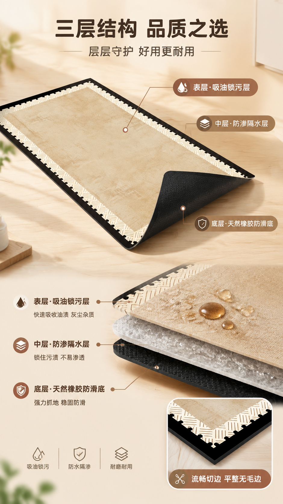 [商品] 使用【图1】一次性吸油厨房地垫；保留浅卡其色主体、黑… - 图片创意预览