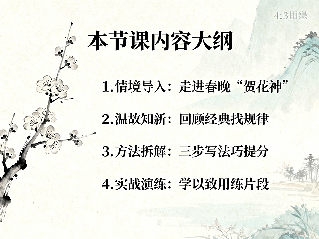 PPT目录页，淡雅国风背景，左侧有一枝梅花淡墨插画，标题：本节课内容大纲，列出四个核心环节：1. 情境导入：走进春晚“贺花神” 2. 温故知新：回顾经典找规律 3. 方法拆解：三步写法巧提分 4. 实战演练：学以致用练片段，文字排版清晰，风格和封面一致，清新雅致语文课堂风格，4:3比例