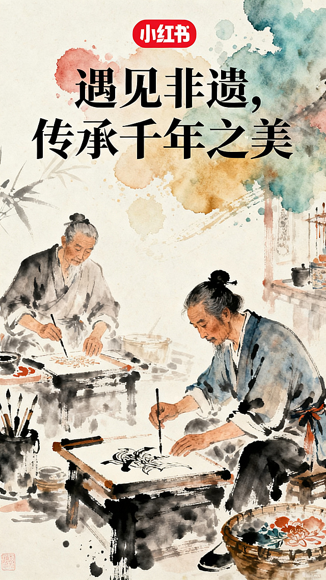 非遗文化国风水墨画小红书封面，展现传统非遗技艺，中式国风意境，突出非遗文化传承主题，封面醒目排版，顶部有醒目标题文字"遇见非遗，传承千年之美"