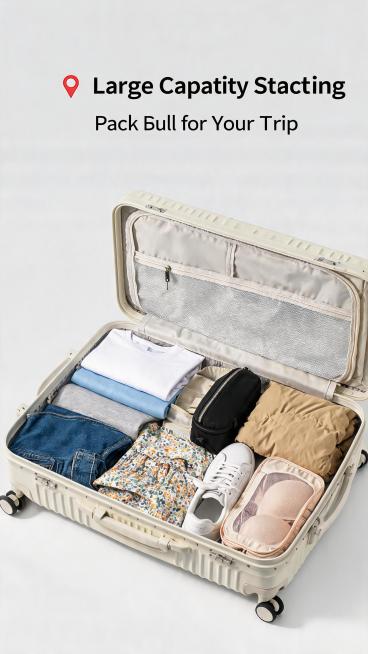 Open suitcase filled with clothes and travel items, showing large capacity storage. Text: Large Capa预览效果