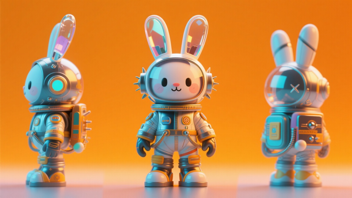 趣味朋克风3D太空兔子，穿着炫酷宇航服，宇航服带有朋克元素，耳朵为透明玻璃材质，纯色背景（与前两张不同色），简约高级，磨砂玻璃质感，OC渲染器，Blender渲染，极致清晰度，杰作预览效果