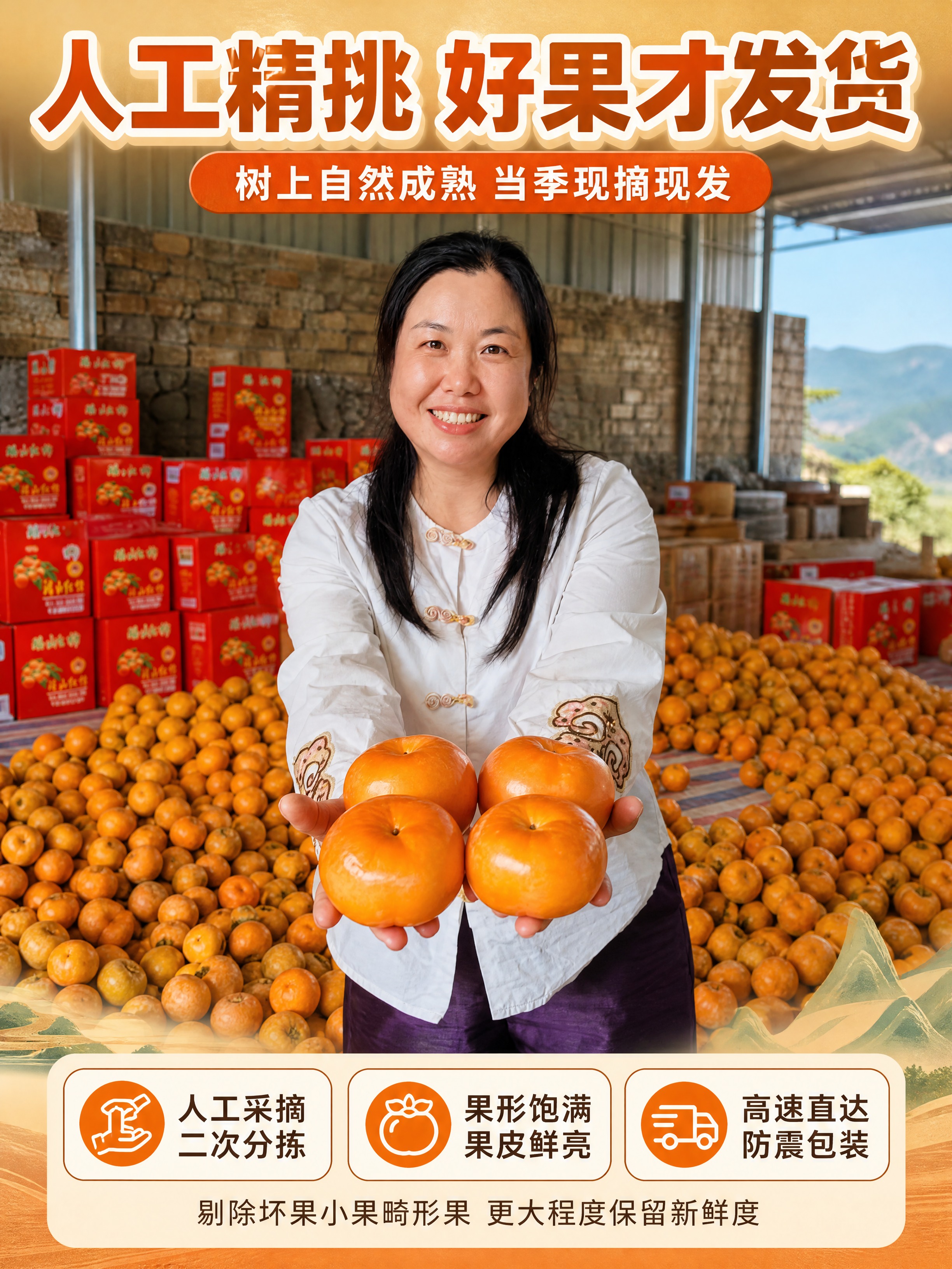 [商品] 使用【图4】仓库分拣场景，人物双手捧4颗大脆柿、背景… - 图片创意预览
