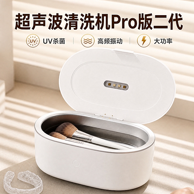 京东电商主图风格，优化这张超声波清洗机主图，参考竞品主图的高转化设计：

[主图-1] 核心利益首图，突出UV杀菌超声波清洗机Pro版二代的产品识别与核心卖点。

[统一基调] 京东风格，简洁稳重，品质感强；背景为浅米色+百叶窗光影，整体暖色调温馨干净；标题字色为深棕色/深咖色粗体大字，辅助字色为中灰色，强调色为金色/暖橙色点缀；字体为现代无衬线粗体，字号层级分明，大字醒目。

[画面] 白色椭圆形超声波清洗机开盖状态位于画面中心偏下，产品占比约60%，体积比原图放大更突出；清洗机内放有化妆刷保持不变；底部保留透明牙套；左侧大幅裁剪掉香水瓶和书本，只保留极少边缘或完全去掉；右下角手部元素大幅缩小或部分裁掉，减少杂物干扰；背景百叶窗纹理饱和度降低，更柔和干净，光影条纹自然。

[光影质感] 商业摄影质感，自然光从右上方斜射，产品表面有柔和高光，底部有自然接触阴影，材质表现真实细腻，白色机身干净有质感。

[配色] 主背景浅米色暖调，标题深棕色粗体，卖点图标金色点缀，整体温暖干净有品质感。

[文字版式] 顶部居中放置超大粗体主标题"超声波清洗机Pro版二代"，字号醒目占满上方宽度；标题下方或左右两侧用图标+短文字形式展示3个核心卖点："UV杀菌"配紫外线图标、"高频振动"配波纹图标、"大功率"配闪电图标；卖点文字简洁有力，不堆砌；文字放在负空间，不遮挡产品主体。

[输出要求] 1:1正方形比例，2K分辨率，文字清晰锐利，产品主体突出，整体符合京东主图高点击风格，禁止变形、错字、模糊、杂乱、水印、平台Logo。