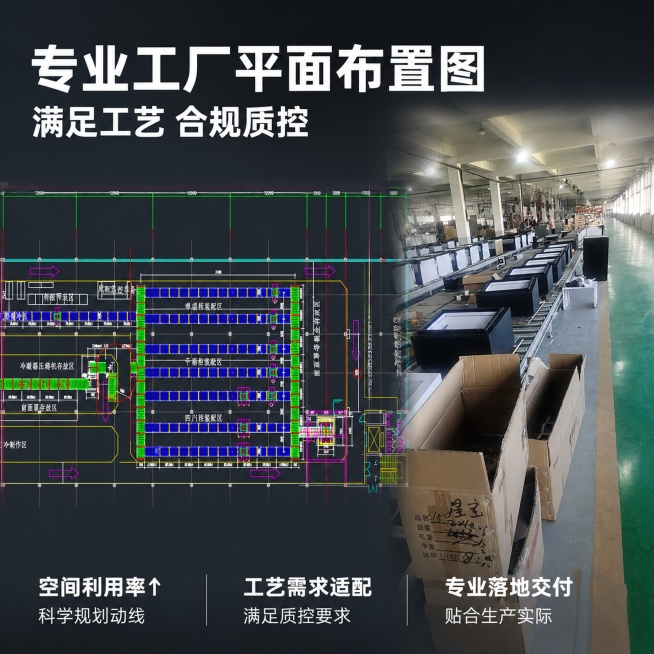 [主图-1] 专业工厂平面布置图设计服务首图，融合CAD布置图和实景工厂照片。[氛围风格] 专业清晰商务工程风；[画质] 商业设计质感，图纸清晰，真实照片锐利通透，画面干净专业高级。[元素] 左半部分预览效果