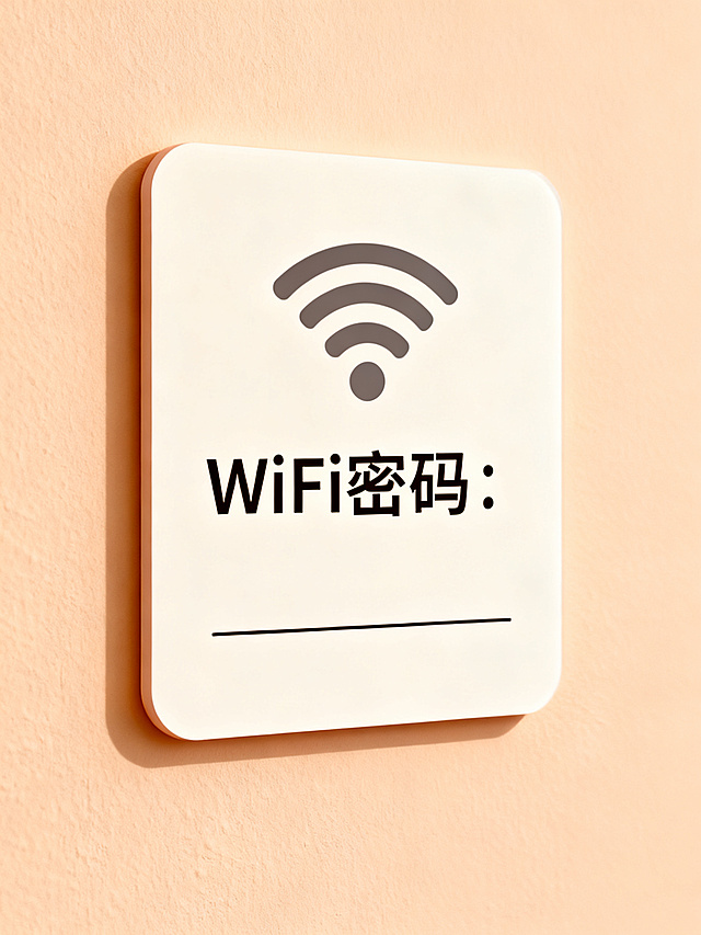 温馨WiFi密码提示牌设计，简约清新风格，画面上方有WiFi图标，中间写着清晰的文案"WiFi密码："，下方预留填写位置，整体干净整洁，适合贴在墙面，暖色调背景