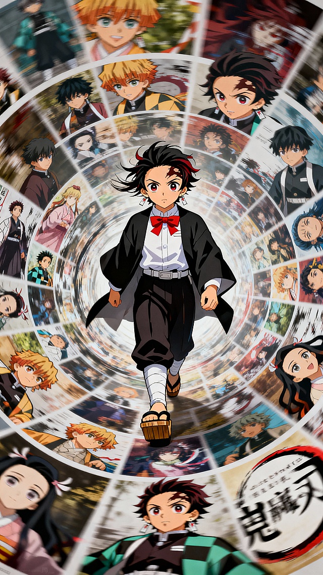 画面中有许多鬼灭之刃里面的角色面呈螺旋状排列，主人公炭治郎在旋转的海报中行走。固定聚焦在他身上，周围呈现朦胧模糊、涂抹、拖影的效果。