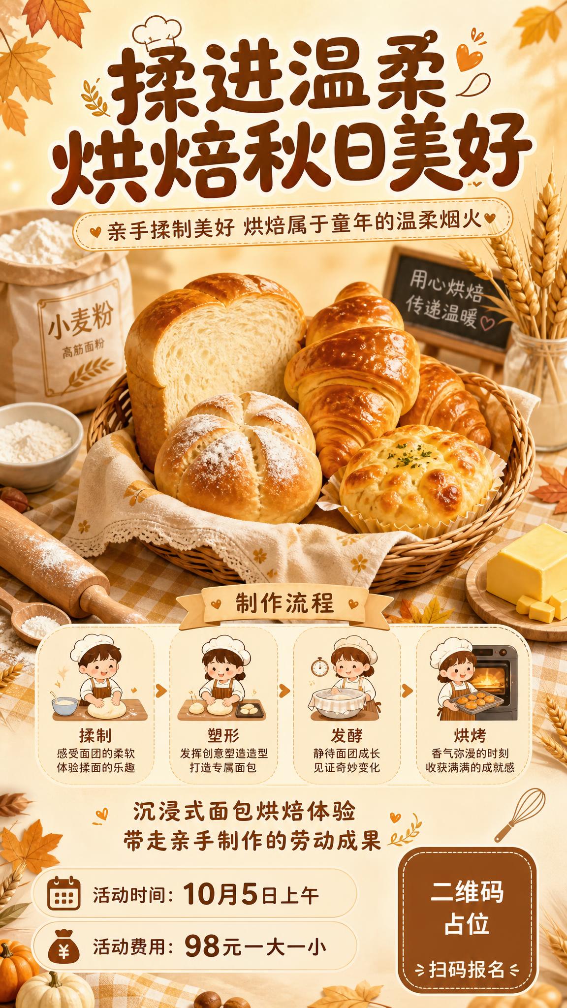 儿童面包烘焙体验活动宣传海报，竖版9:16，温馨治愈风格，暖黄… - 图片创意预览