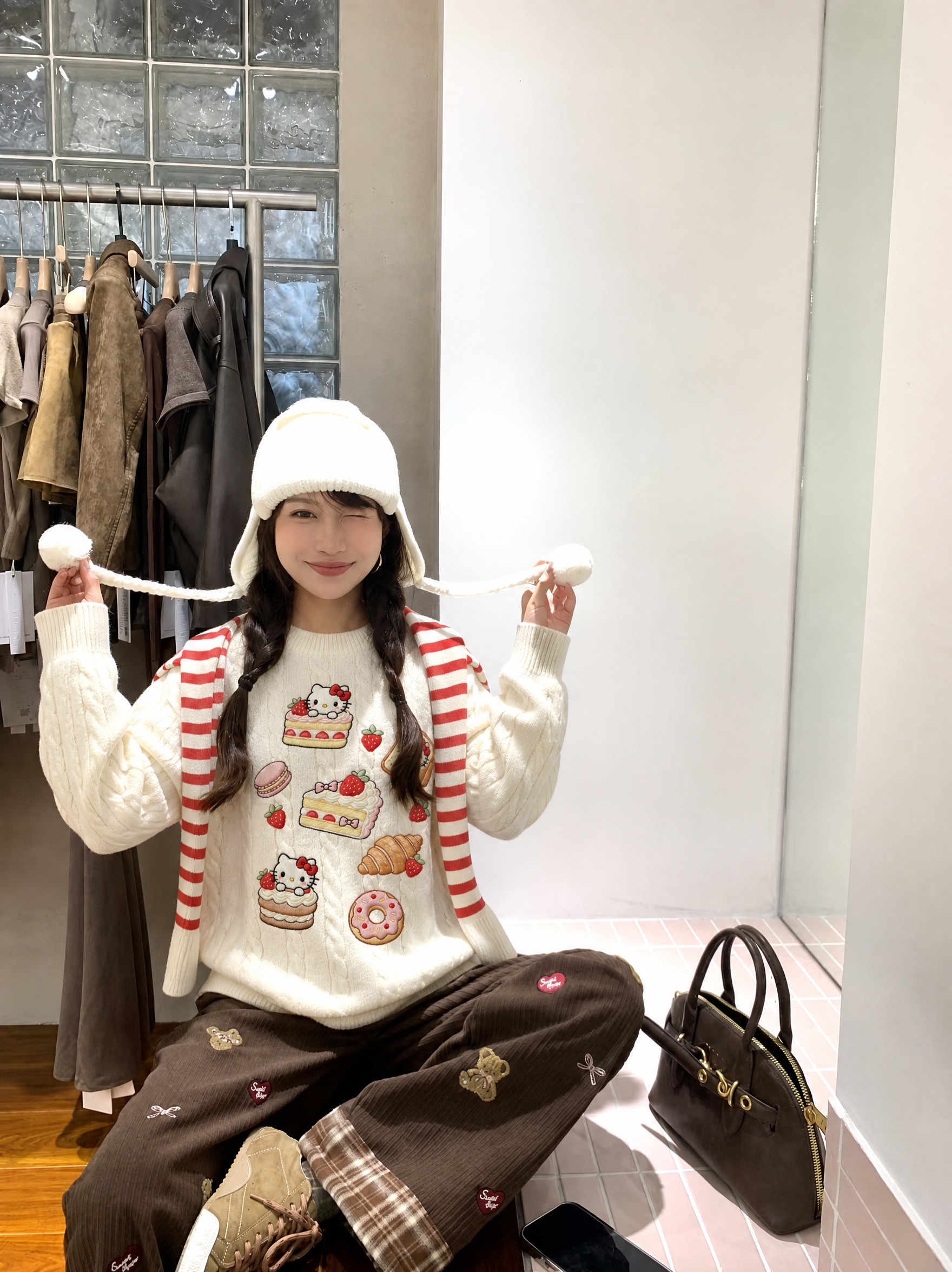 将图6的米白色麻花针织Hello Kitty甜点图案毛衣穿到图… - 图片创意预览