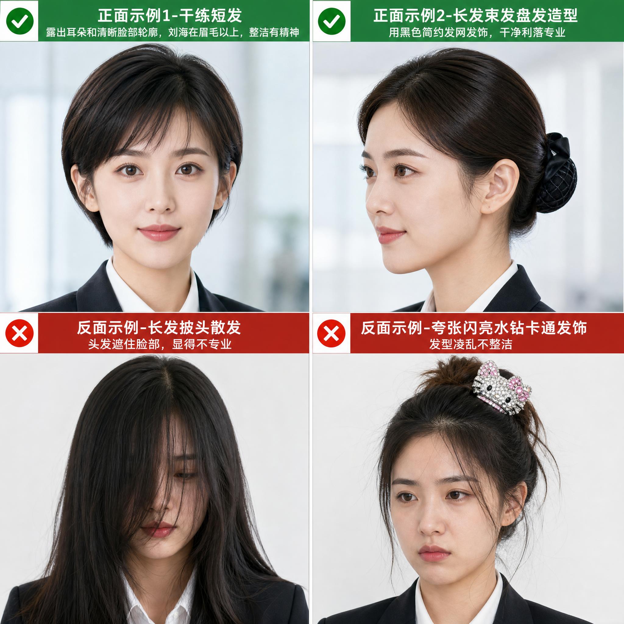 一张图分为四个小图展示女士职场发型标准的正面例子和反面例子：左… - 图片创意预览