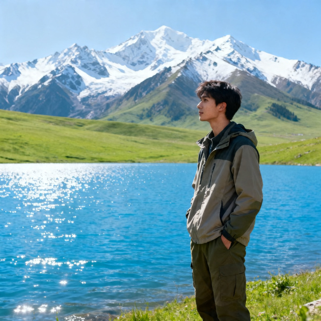 一个年轻男生站在雪山湖边，远处是连绵的雪山，湛蓝的湖水波光粼粼，周围是绿色的草原，天气晴朗，阳光明媚，风景优美自然，高清写实风格预览效果