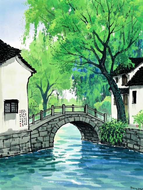 滴墨画，小桥流水，人家绿树，大面积留白，典雅，低饱和色，水墨风，写意预览效果